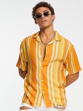Pull&Bear Orange Striped Short Sleeve Camp Collar Shirt Orange Small